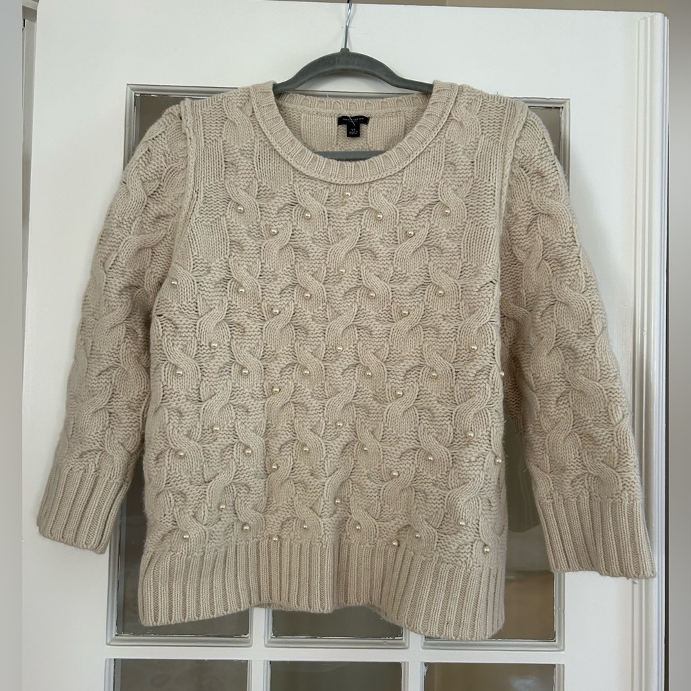 Gorgeous wool and angora sweater with pearl and cable details